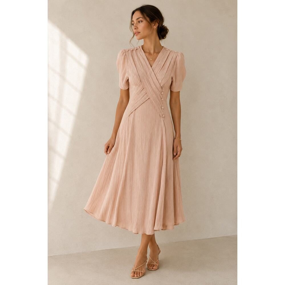 Vintage 90s Blush Pink Crinkle Midi Dress Tie Back Shoulder Pads Romantic
